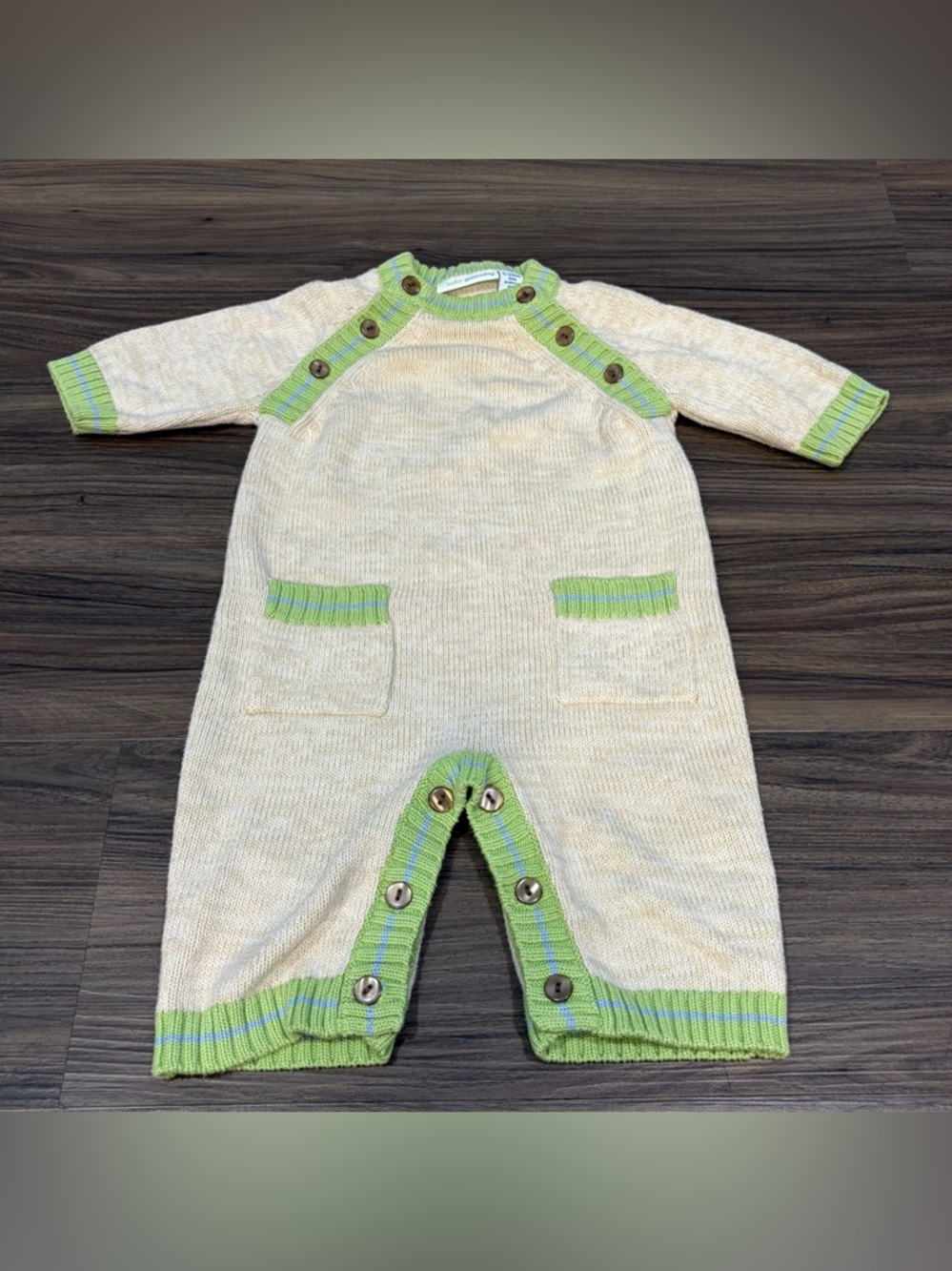 Baby Greendog Tan And Green Knit One Piece Bodysuit Buttons Infant 0-3 Months